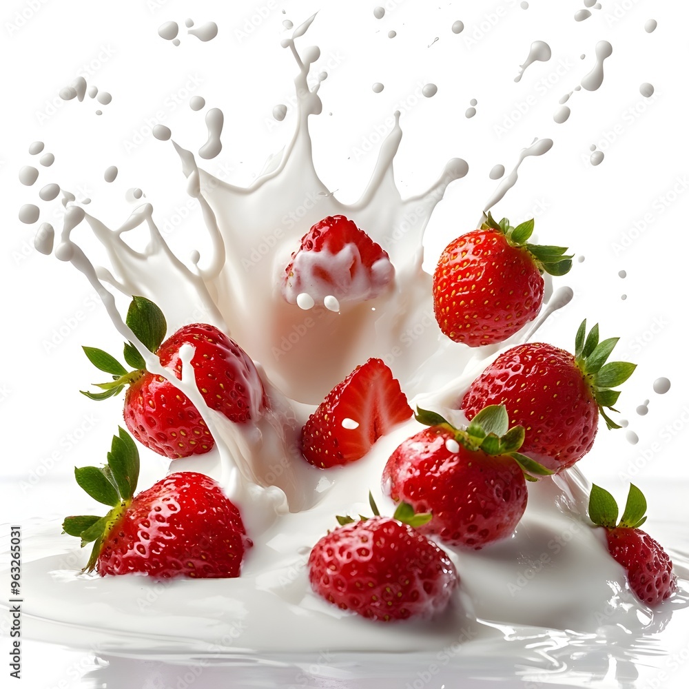 Fresh Strawberries Splashing into Creamy Milk or Yogurt on White Background Fresh Strawberries Splashing into Creamy Milk or Yogurt on White Background