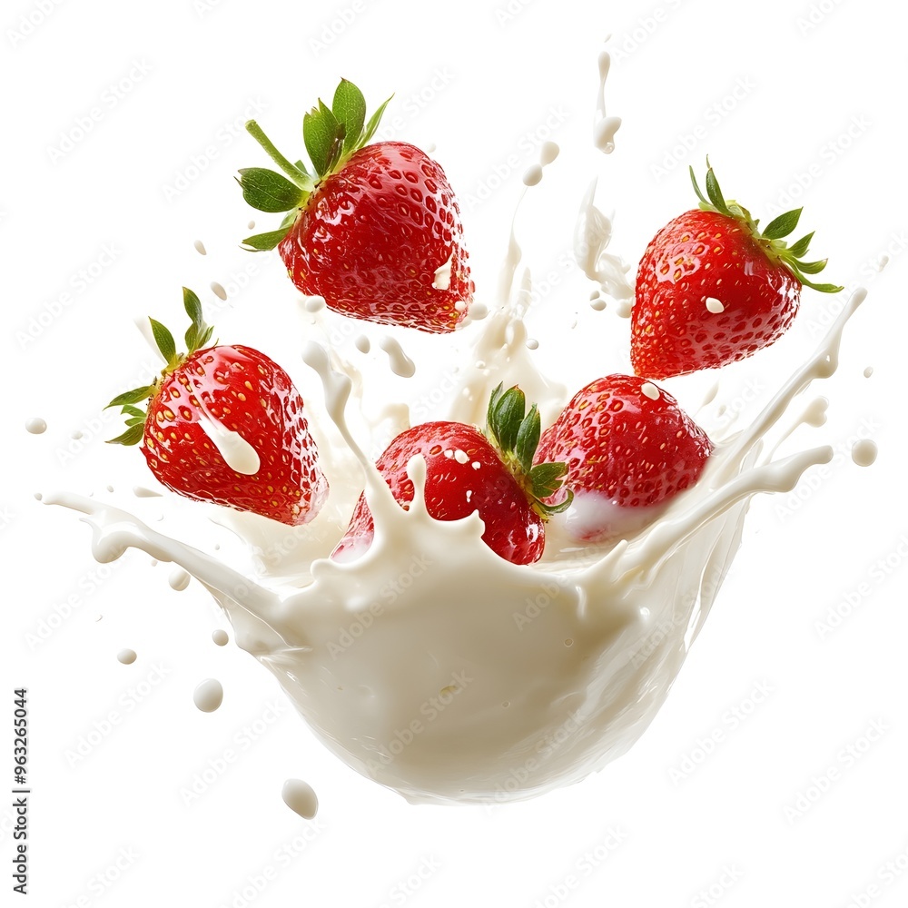 Fresh strawberries splashing into creamy milk or yogurt on white background Fresh strawberries splashing into creamy milk or yogurt on white background
