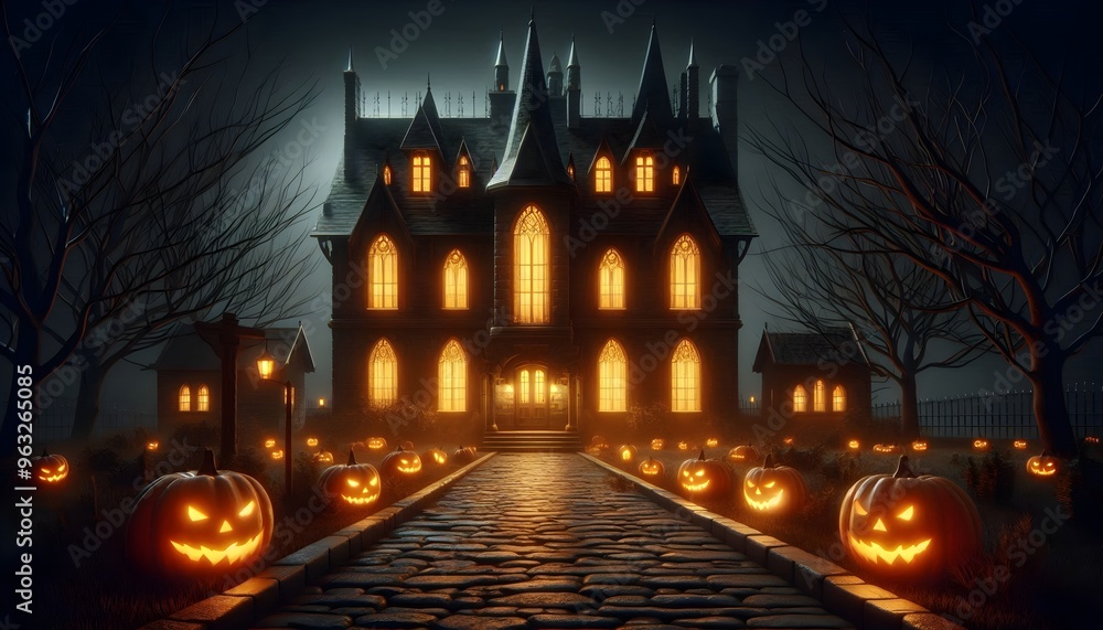 Spooky Halloween illustration with a haunted forest, cobwebs, and a sinister atmosphere perfect for the season Spooky Halloween illustration with a haunted forest, cobwebs, and a sinister atmosphere perfect for the season