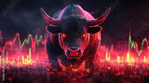 Dramatic digital artwork of a fierce bull symbolizing market strength, with vibrant colors and stock charts in the background.