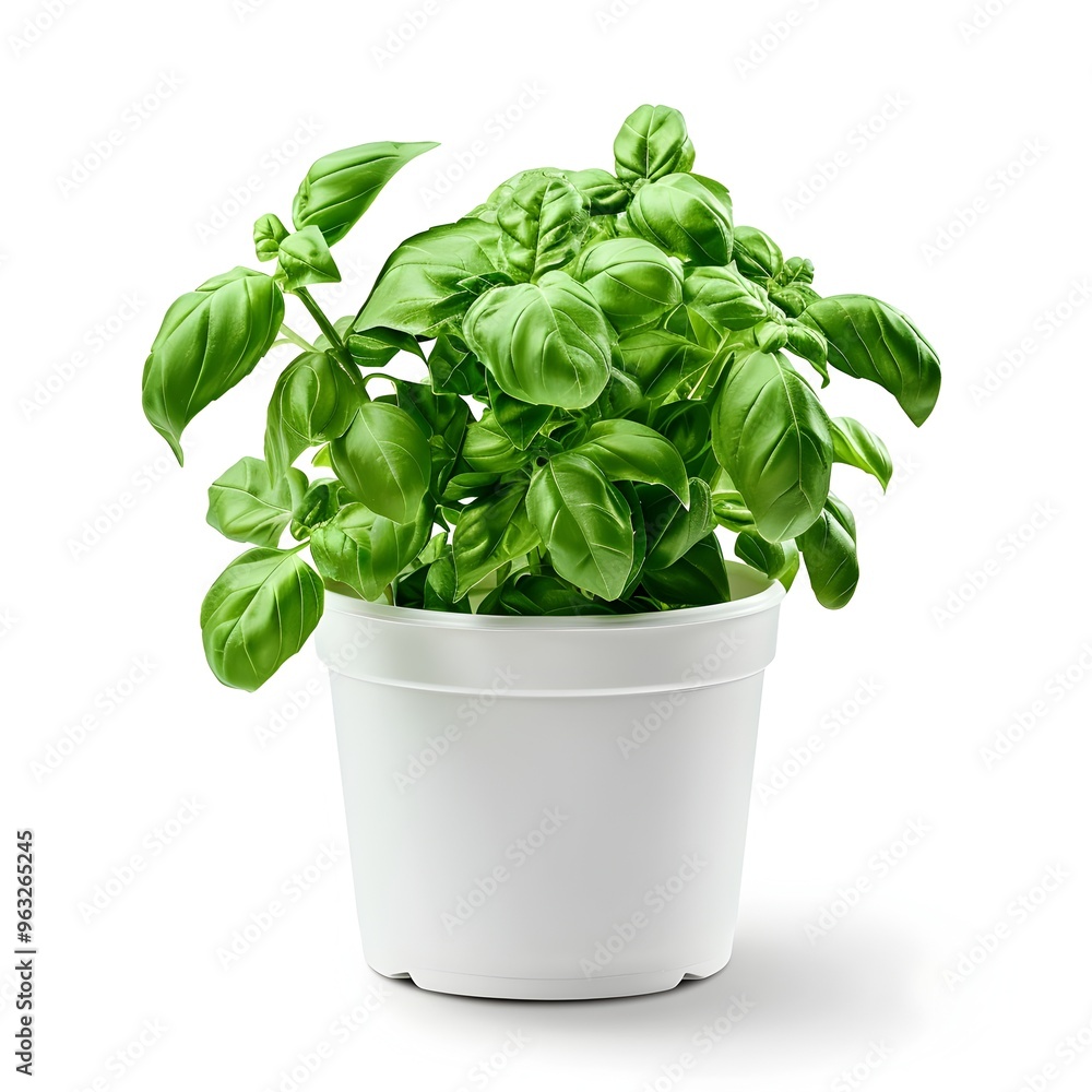 Basil Plant Growing in White Pot on White Background Basil Plant Growing in White Pot on White Background