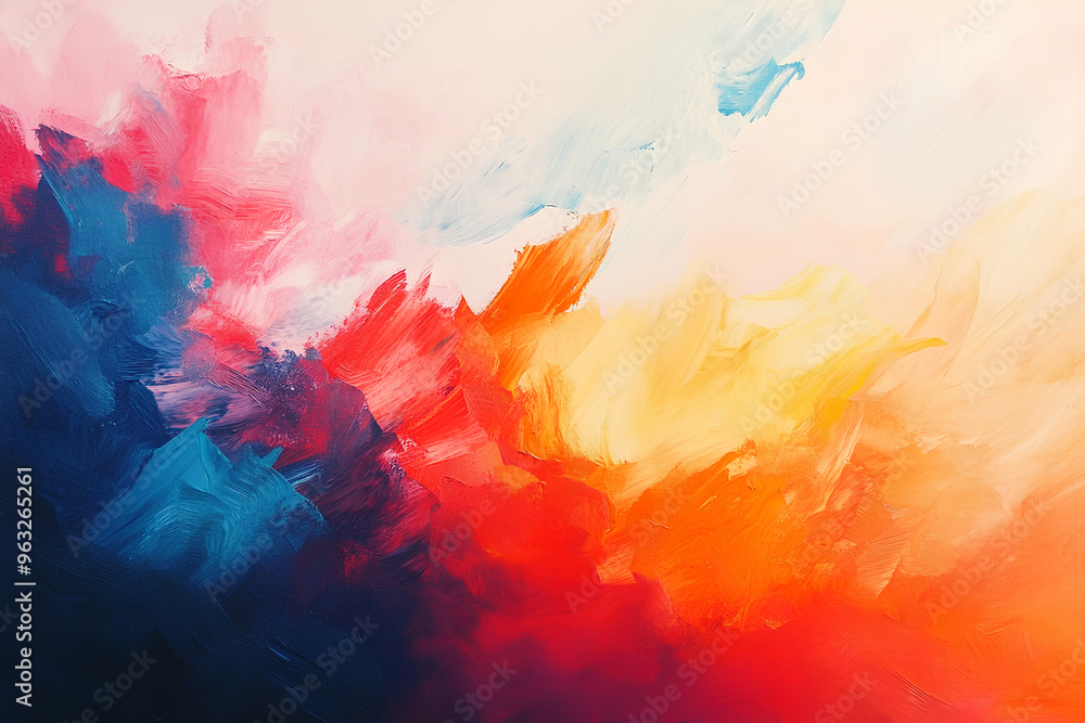 Abstract colorful brush strokes on white background, creating a vibrant and dynamic visual with shades of red, orange, yellow, blue. Abstract colorful brush strokes on white background, creating a vibrant and dynamic visual with shades of red, orange, yellow, blue.