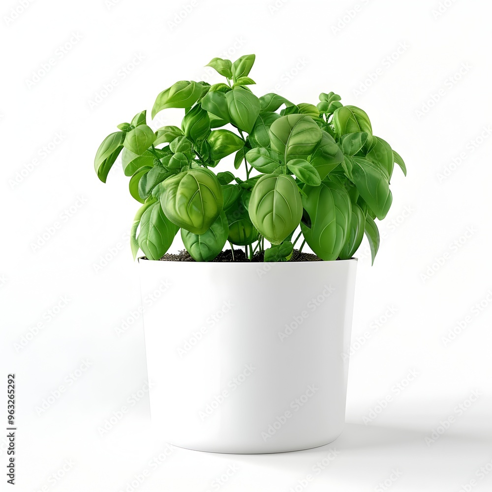 Freshly Grown Basil Plant in a White Pot on a Plain White Background