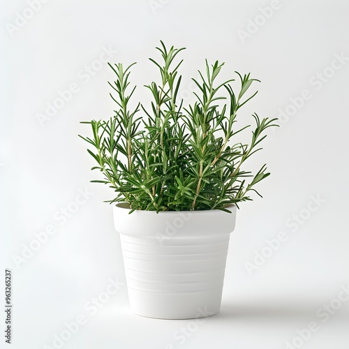 Rosemary Plant in White Pot on Plain White Background