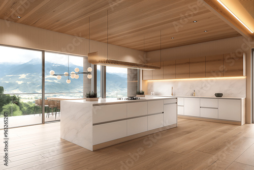 Modern kitchen interior with large windows showcasing beach views