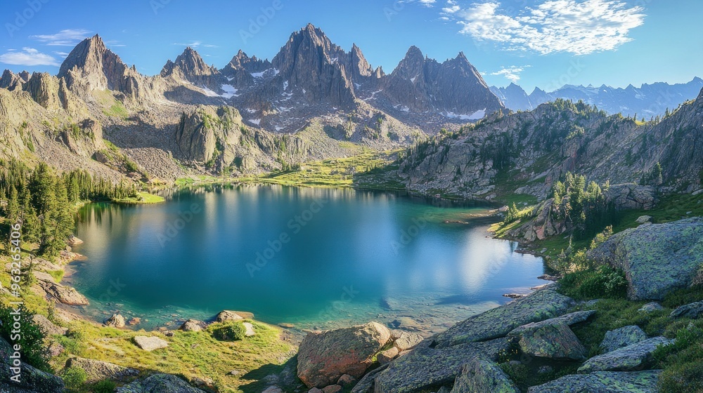 A Serene Mountain Lake Surrounded by Rugged Peaks A Serene Mountain Lake Surrounded by Rugged Peaks