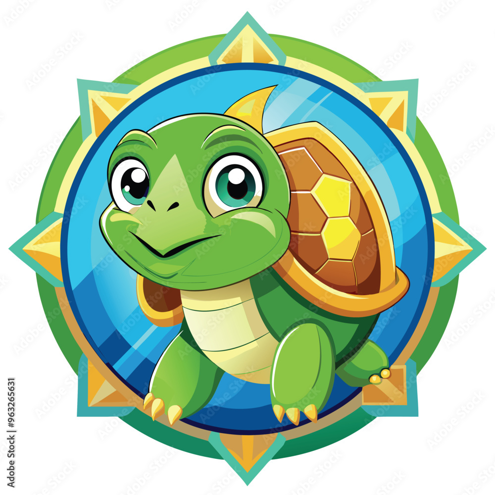 Fototapeta premium Cartoon Turtle with Shell in a Colorful Circular Frame