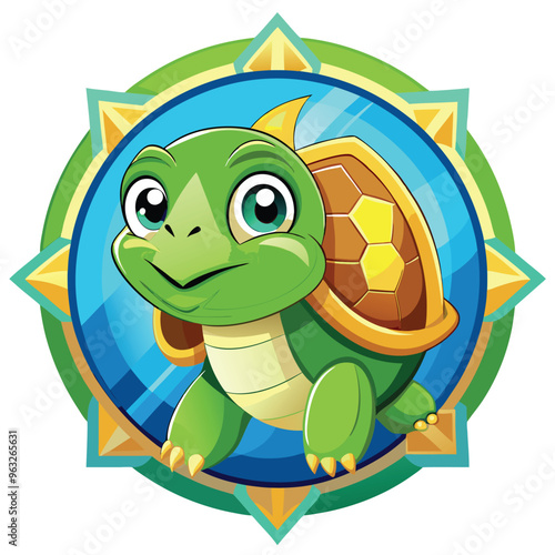 Cartoon Turtle with Shell in a Colorful Circular Frame