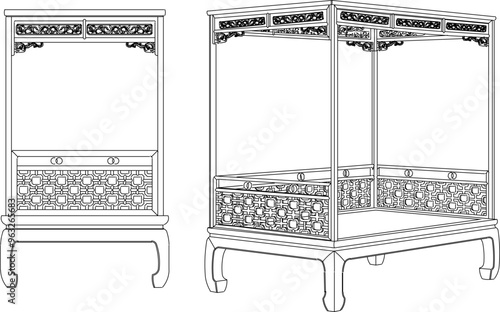 Vector sketch illustration of the silhouette of a furniture design, table and chairs, full of ornate carving ornaments, vintage, classic, ethnic, traditional, modern, Chinese