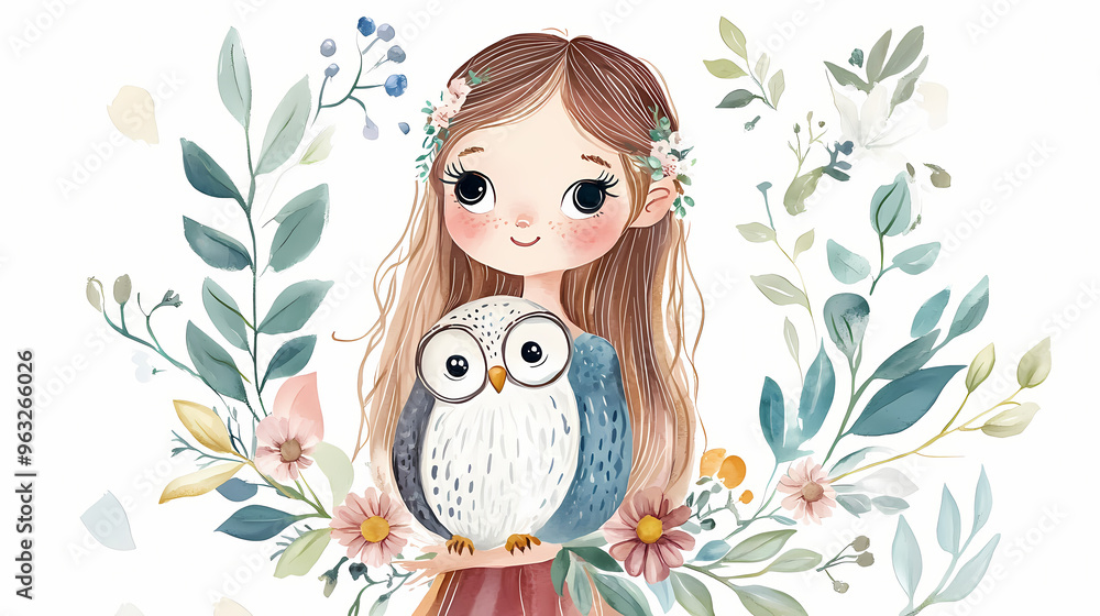 Obraz premium Cute hand drawn fairy with owl in floral wreath, flowers bouquet, woodland watercolor illustration. Fairy. Illustration