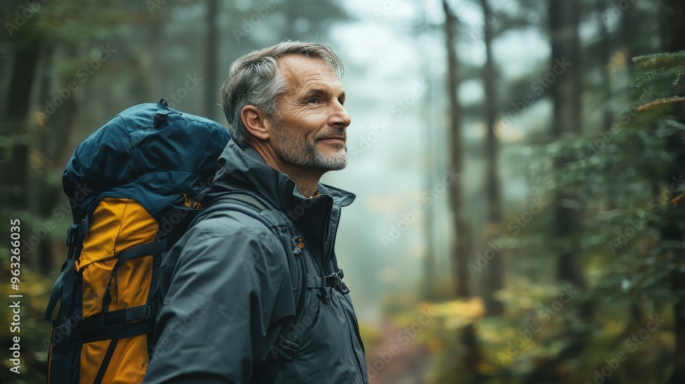 Finding Peace in Nature: Middle-Aged Man Walking Through Dense Forest for Mental Health Benefits Finding Peace in Nature: Middle-Aged Man Walking Through Dense Forest for Mental Health Benefits
