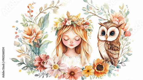Fototapeta Naklejka Na Ścianę i Meble -  Cute hand drawn fairy with owl in floral wreath, flowers bouquet, woodland watercolor illustration. Fairy. Illustration