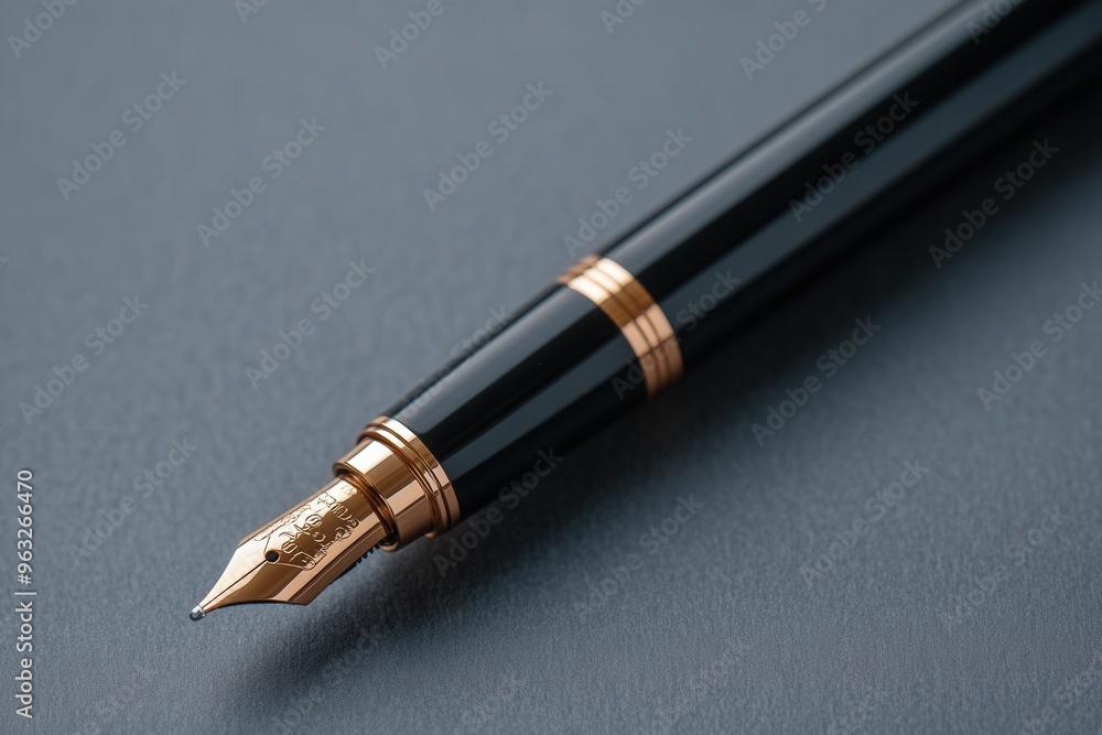 Elegant black fountain pen with gold accents on a gray surface, classic writing instrument perfect for a professional and sophisticated look. Elegant black fountain pen with gold accents on a gray surface, classic writing instrument perfect for a professional and sophisticated look.