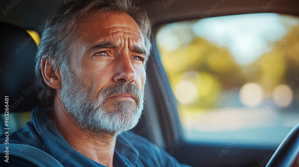 Portrait of Stressed Middle-Aged Man Driving Car, Symbolizing Mental Health Burdens of Responsibility Portrait of Stressed Middle-Aged Man Driving Car, Symbolizing Mental Health Burdens of Responsibility