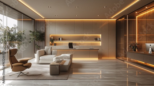 Wallpaper Mural A contemporary office with a minimalist enquiry section, bathed in soft, warm light. Torontodigital.ca