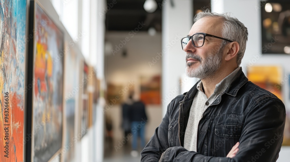 Contemplative Middle-Aged Man Finding Peace in Art: Mental Health Benefits of Artistic Engagement Contemplative Middle-Aged Man Finding Peace in Art: Mental Health Benefits of Artistic Engagement