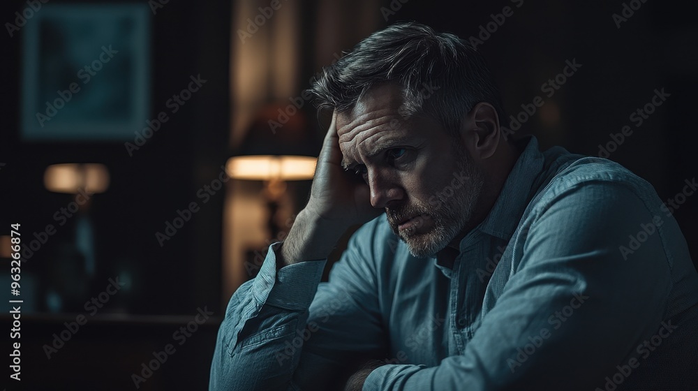 Portrait of Midlife Crisis - Middle-Aged Man Reflecting on Mental Health Struggles in Dark Room Portrait of Midlife Crisis - Middle-Aged Man Reflecting on Mental Health Struggles in Dark Room