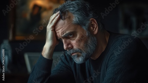 Contemplating Midlife: Portrait of a Stressed Middle-Aged Man Reflecting Mental Health Struggles in Dark Room