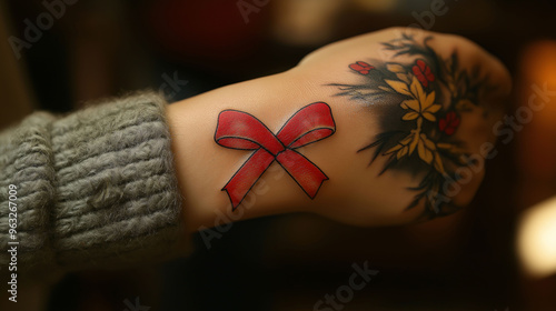 Red Bow Tattoo On Woman s Hand With Floral Design photo