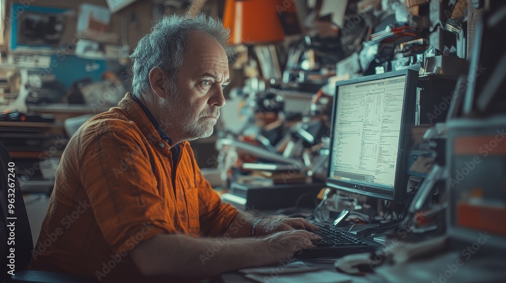 Overwhelmed Middle-Aged Man Battling Work Stress at Cluttered Desk - Mental Health Strain and Pressure Concept Overwhelmed Middle-Aged Man Battling Work Stress at Cluttered Desk - Mental Health Strain and Pressure Concept