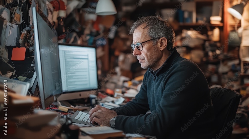 Overworked Middle-Aged Man Struggling with Stress and Mental Health Issues While Working at Desk Overworked Middle-Aged Man Struggling with Stress and Mental Health Issues While Working at Desk