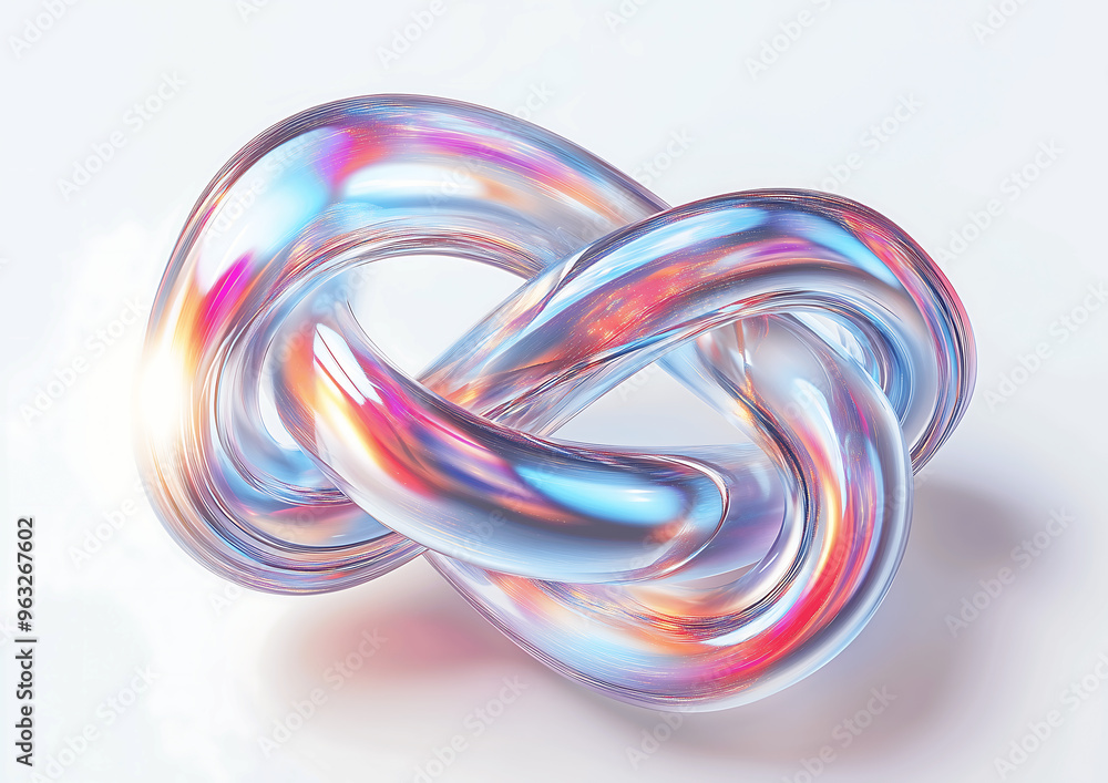 Abstract 3D glass sculpture with colorful iridescent hues, creating a mesmerizing and modern art piece on a white background Abstract 3D glass sculpture with colorful iridescent hues, creating a mesmerizing and modern art piece on a white background