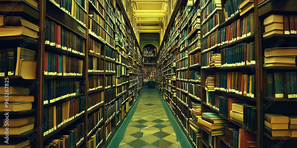 Quiet Calamity: A library, its stacks of books reaching for the ceiling, yet devoid of patrons and the hum of study. Quiet Calamity: A library, its stacks of books reaching for the ceiling, yet devoid of patrons and the hum of study.