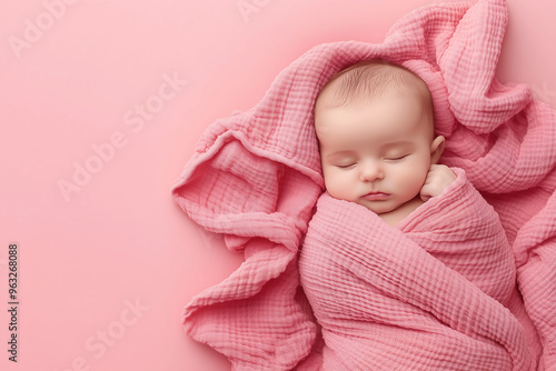 Cute newborn baby wrapped in a pink blanket on a pink background