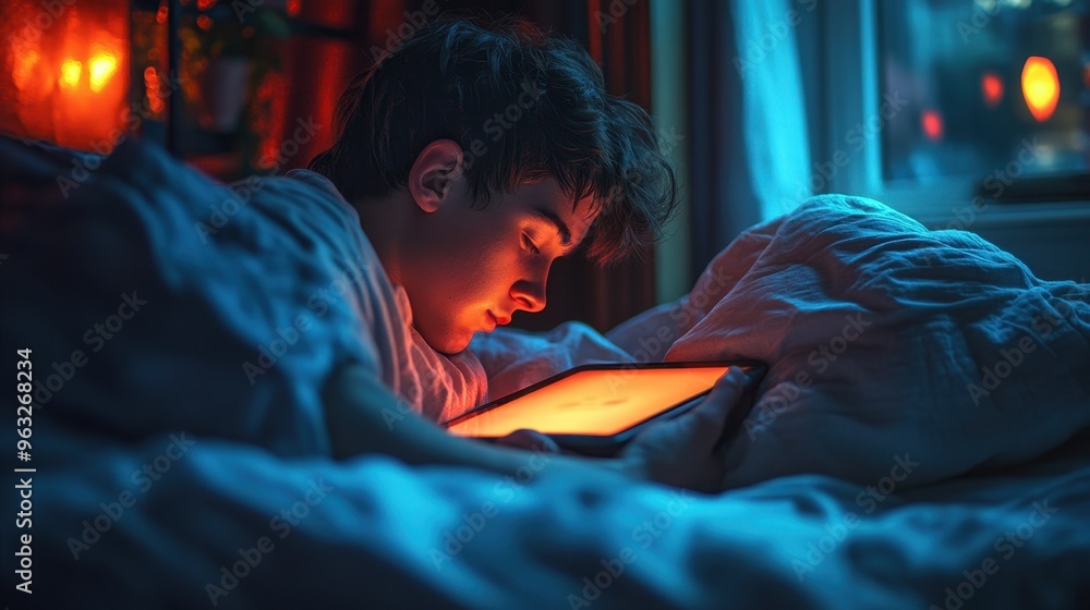 Digital Overload: Teenage Boy Struggling with Insomnia in Bed Surrounded by Glowing Tablet Light Digital Overload: Teenage Boy Struggling with Insomnia in Bed Surrounded by Glowing Tablet Light