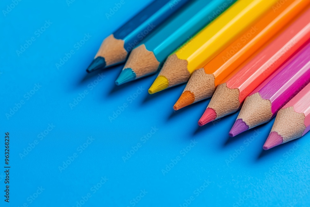 A spectrum of vibrant colored pencils arranged in a row on a blue background, showcasing various hues and detailed textures. A spectrum of vibrant colored pencils arranged in a row on a blue background, showcasing various hues and detailed textures.