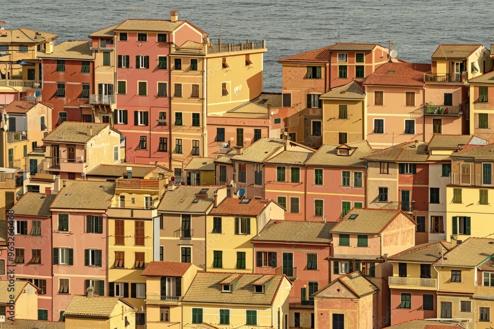 Fototapeta premium Barcelona dwelling houses rooftops, Spain. 4K pan video, tilt-shift lens miniature effect. Beautiful simple AI generated image