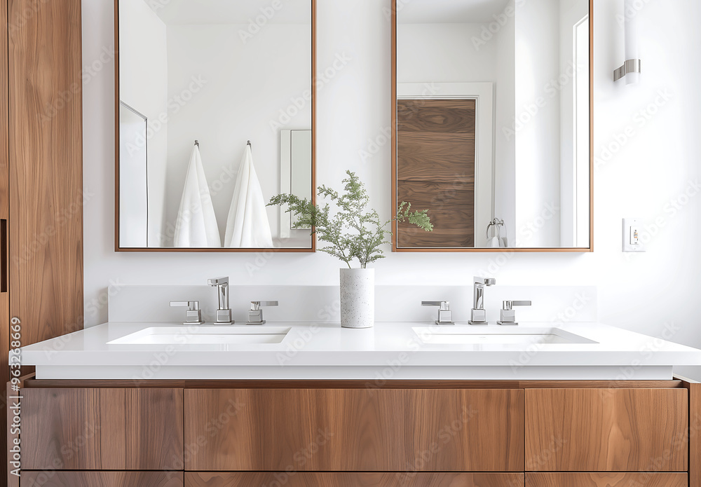 Modern bathroom with a dual vanity, wooden cabinets, and minimalist decor, featuring clean lines and bright natural light for a fresh, elegant space Modern bathroom with a dual vanity, wooden cabinets, and minimalist decor, featuring clean lines and bright natural light for a fresh, elegant space