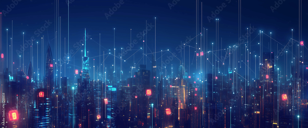 Fototapeta premium Futuristic cityscape at night with glowing lights and abstract digital lines, creating a vibrant and technologically advanced urban landscape