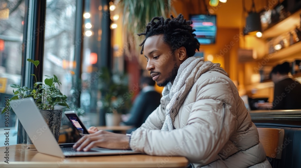 Modern Lifestyle - Young Man Multi-Tasking on Devices at Café Modern Lifestyle - Young Man Multi-Tasking on Devices at Café