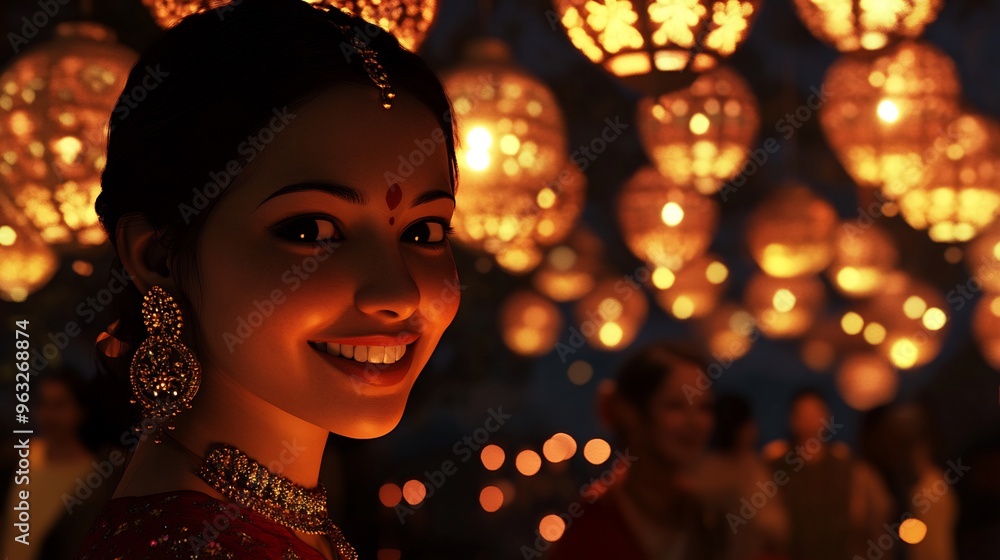 Smiling Woman in Festive Attire Under Warm Lights Smiling Woman in Festive Attire Under Warm Lights