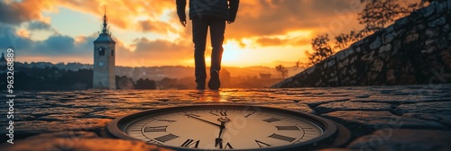 A person walks on cobbled ground away from a clock, with a beautiful sunset scene in the background. Representing leaving a busy work schedule behind  photo