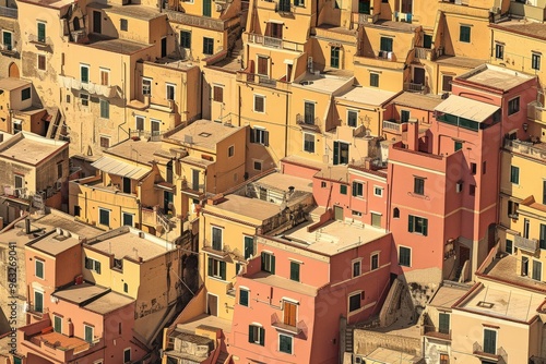 Warm-hued facade of an old apartment building with multiple air conditioners and cables, Tel Aviv, Israel. Beautiful simple AI generated image photo