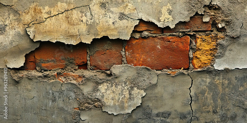 Fractured Facade: A crumbling wall, its broken bricks revealing the underlying structure and the eroding mortar. photo