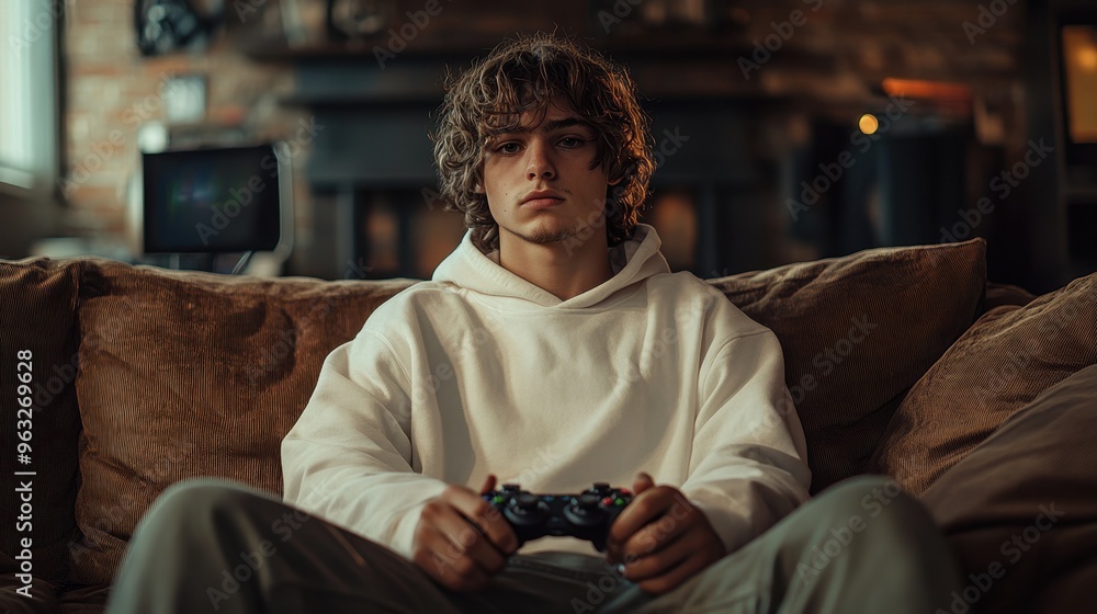 Overstimulated Young Man Engrossed in Video Gaming Addiction on Couch Overstimulated Young Man Engrossed in Video Gaming Addiction on Couch