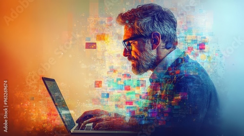 Digital Overload: Stressed Middle-Aged Man Multitasking on Laptop with Multiple Browser Tabs Open