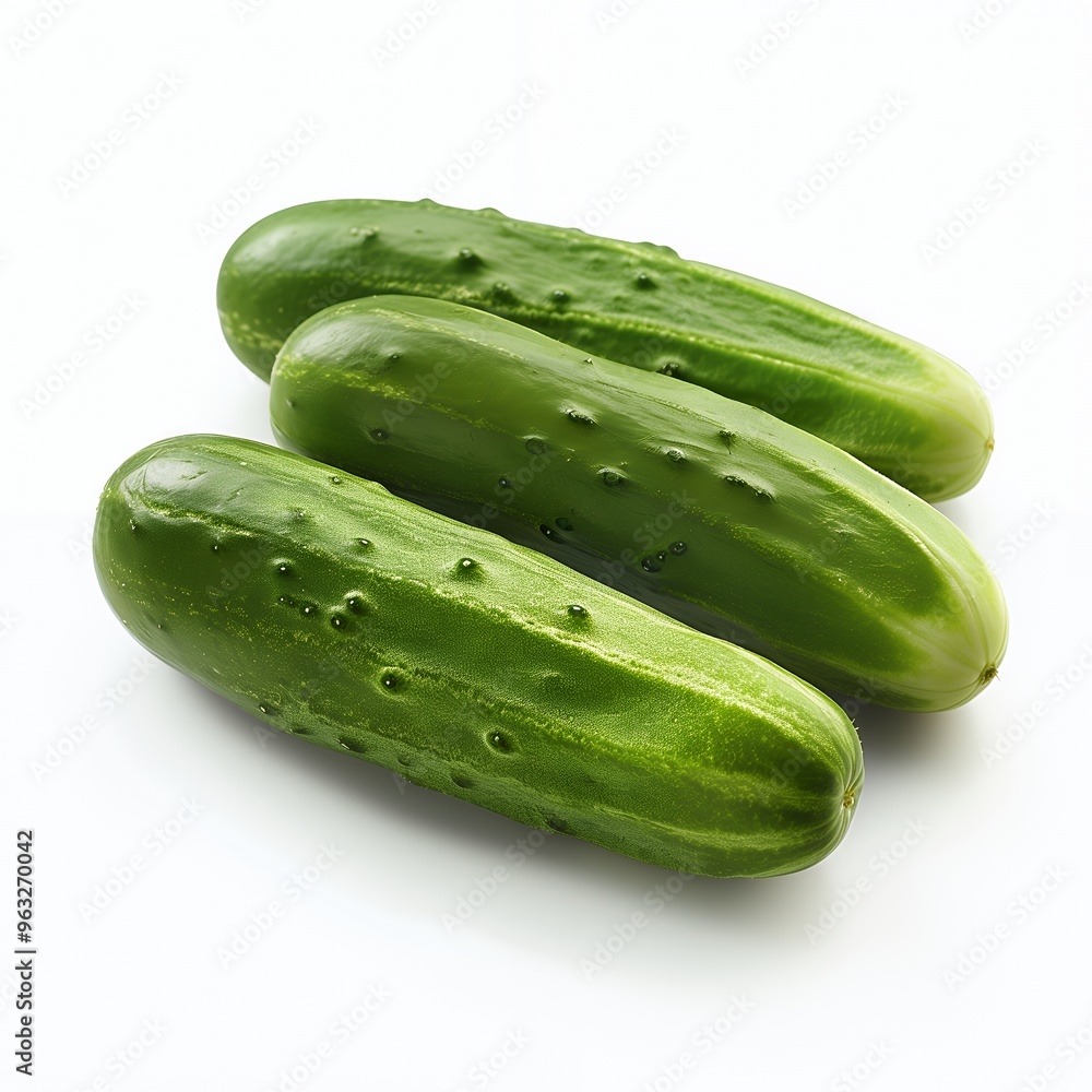 Three fresh green cucumbers isolated on a white background. Three fresh green cucumbers isolated on a white background.