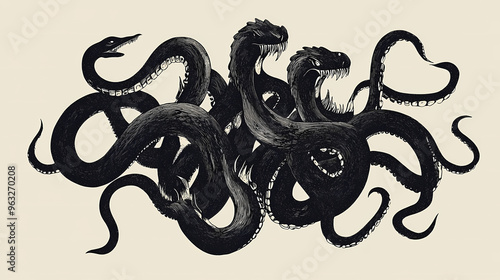 Hydra with multiple heads suggested by overlapping curved lines. minimalist fantasy,. Hydra. Illustration