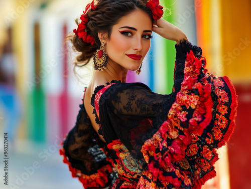 Atractiva bailarina de flamenco española con un vestido tradicional de colores negro y rojo. photo