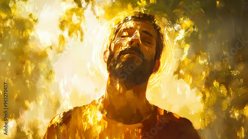 Ethereal portrait of messianic figure with radiant halo soft focus background of olive groves warm golden light impressionistic brushstrokes. Impressionistic. Illustration