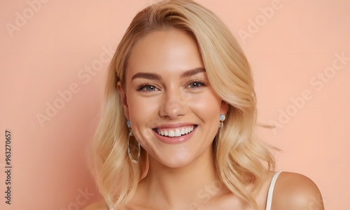 Beautiful Blonde women on cream background, Generative Ai