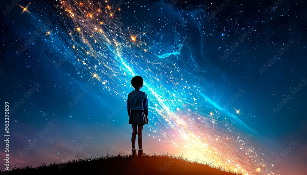 A little cute boy looks hopefully into the starry night sky, a little dreamer and inventor. A little cute boy looks hopefully into the starry night sky, a little dreamer and inventor.