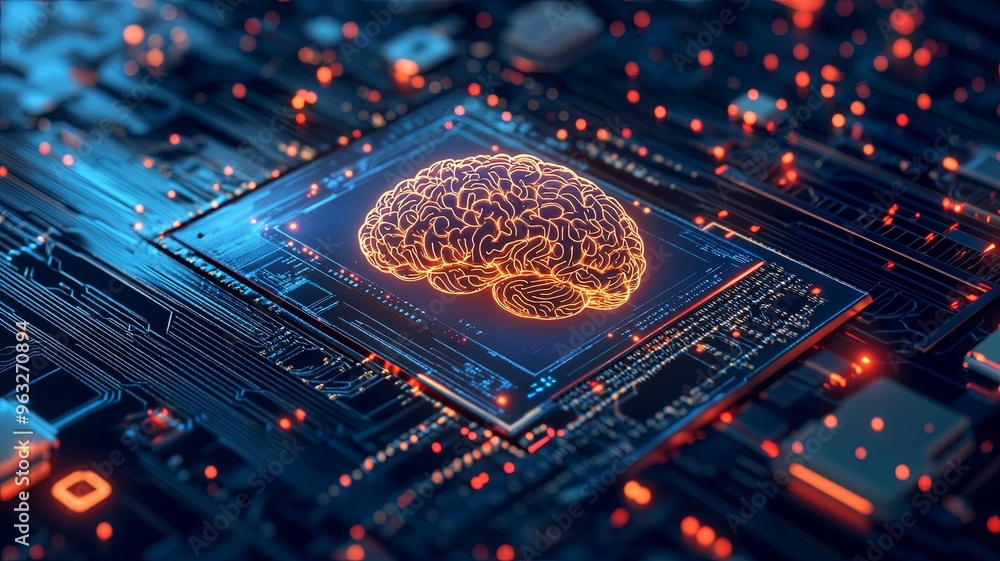 Electronic chip in form of human brain in electronic cyberspace with futuristic background,concept of artificial intelligence technology advancement Electronic chip in form of human brain in electronic cyberspace with futuristic background,concept of artificial intelligence technology advancement