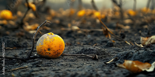 Bitter Bite: A barren orchard, its fallen fruit rotting on the ground, the tangy scent of decay permeating the air.