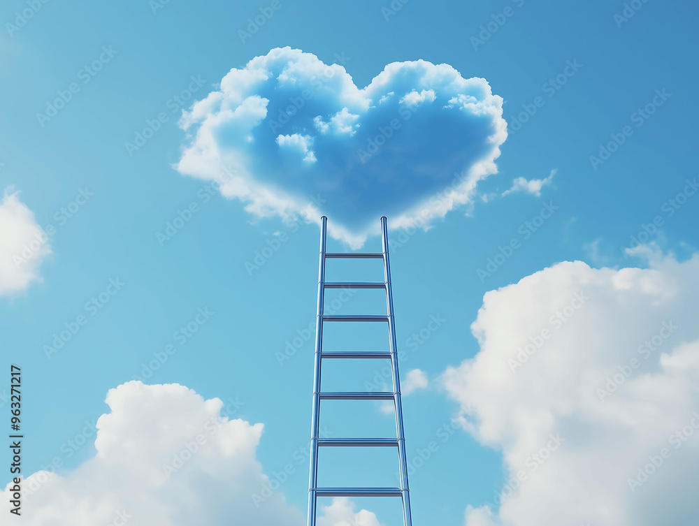 Creative concept of a ladder leading to a heart-shaped cloud in the sky, symbolizing love, dreams, and aspirations in a surreal and whimsical scene Creative concept of a ladder leading to a heart-shaped cloud in the sky, symbolizing love, dreams, and aspirations in a surreal and whimsical scene