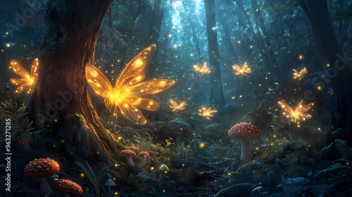 Fairy fantasy enchanted forest magical glowing ethereal whimsical fairies fireflies mushrooms nature woodland fairytale wonder imagination illustration. Fairy. Illustration photo